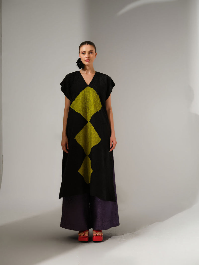 Facet Tunic-Black + Lime crushed silk tunics/kaftan by Stoique in black, lime for women Worldwide