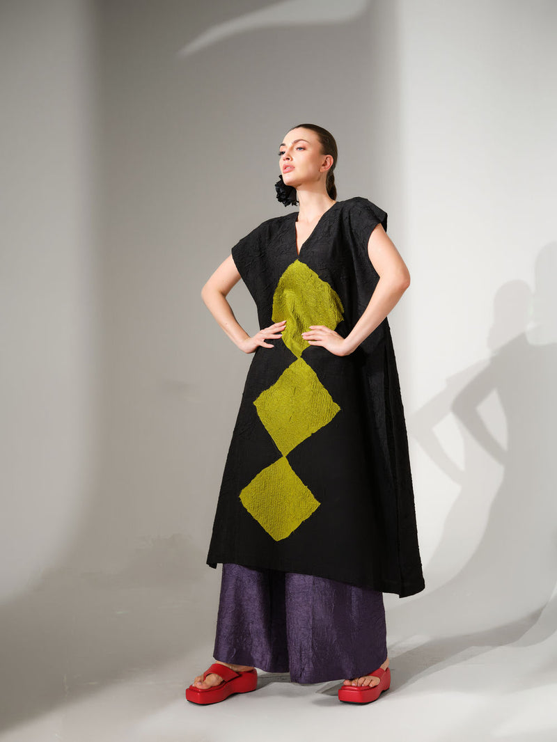 Facet Tunic-Black + Lime crushed silk tunics/kaftan by Stoique in black, lime for women Worldwide