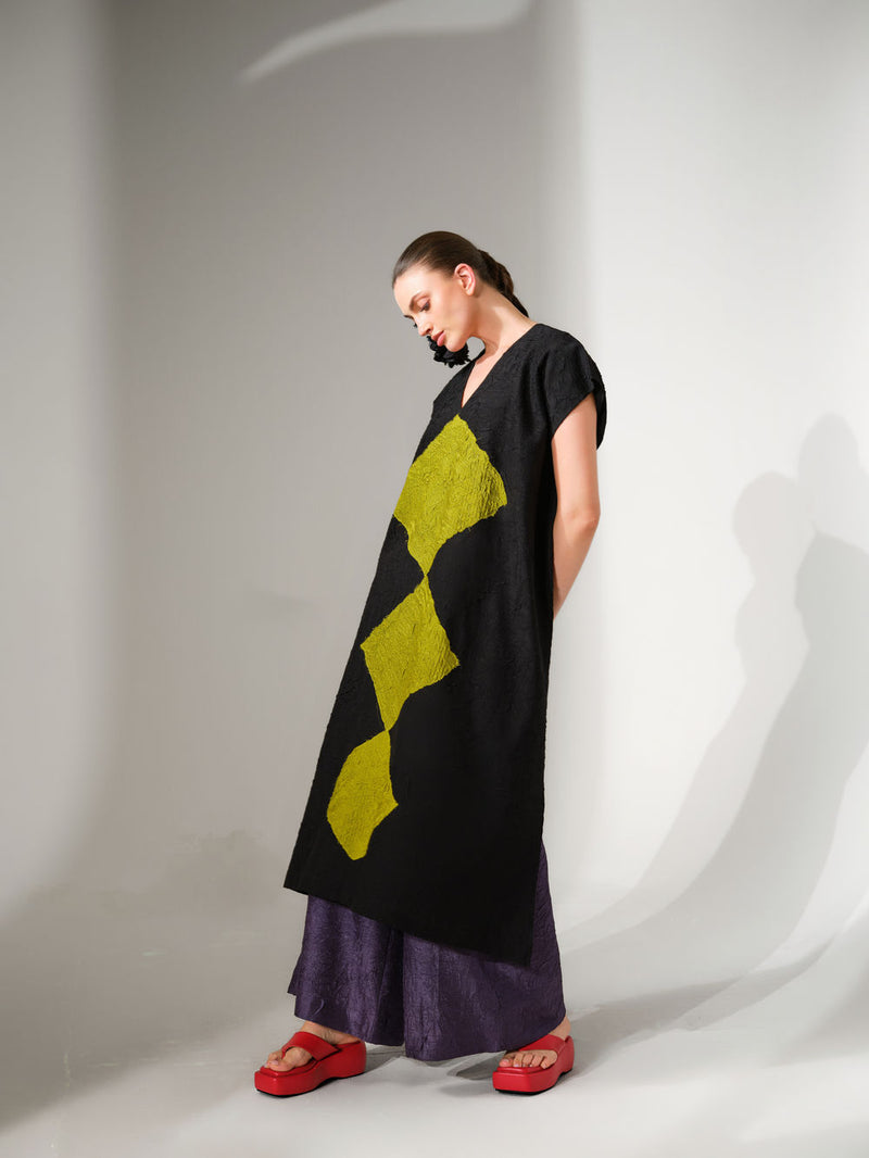 Facet Tunic-Black + Lime crushed silk tunics/kaftan by Stoique in black, lime for women Worldwide