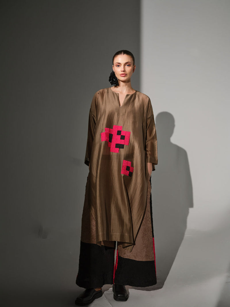 Trace Tunic-Grey + Pink + Black silk chanderi tunics/kaftan by Stoique in grey, pink, black for women Worldwide