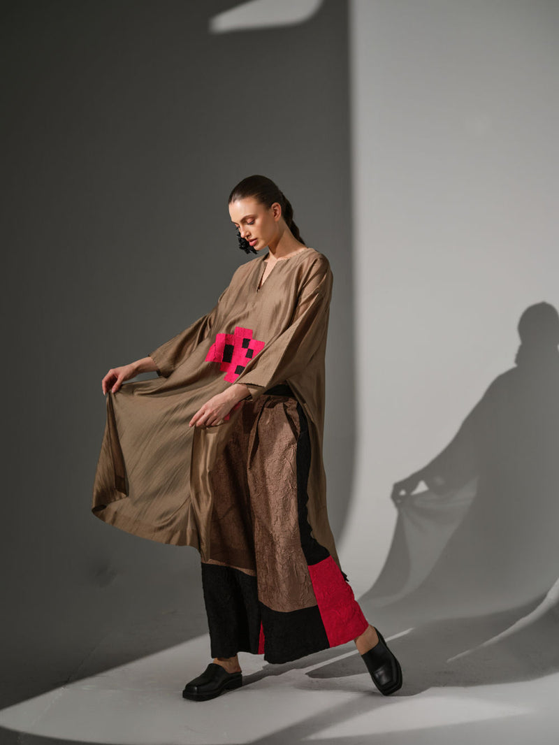 Trace Tunic-Grey + Pink + Black silk chanderi tunics/kaftan by Stoique in grey, pink, black for women Worldwide