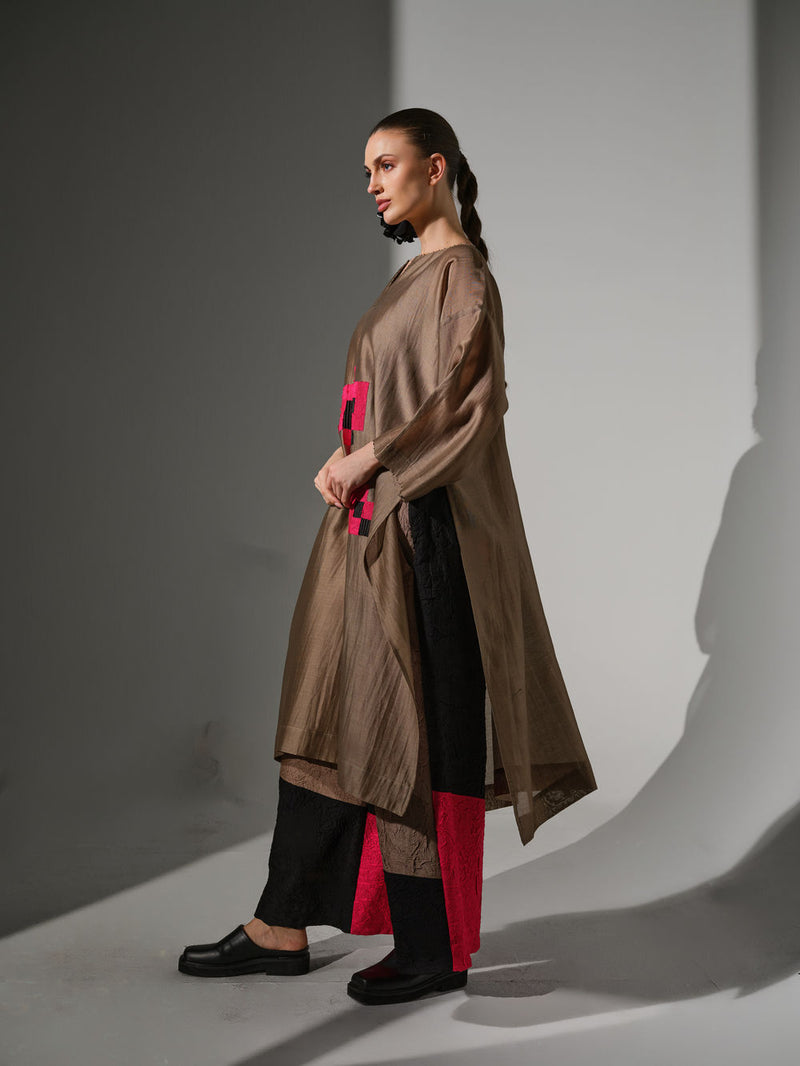 Trace Tunic-Grey + Pink + Black silk chanderi tunics/kaftan by Stoique in grey, pink, black for women Worldwide