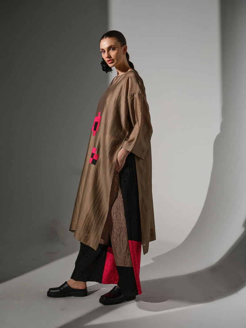 Trace Tunic-Grey + Pink + Black silk chanderi tunics/kaftan by Stoique in grey, pink, black for women Worldwide