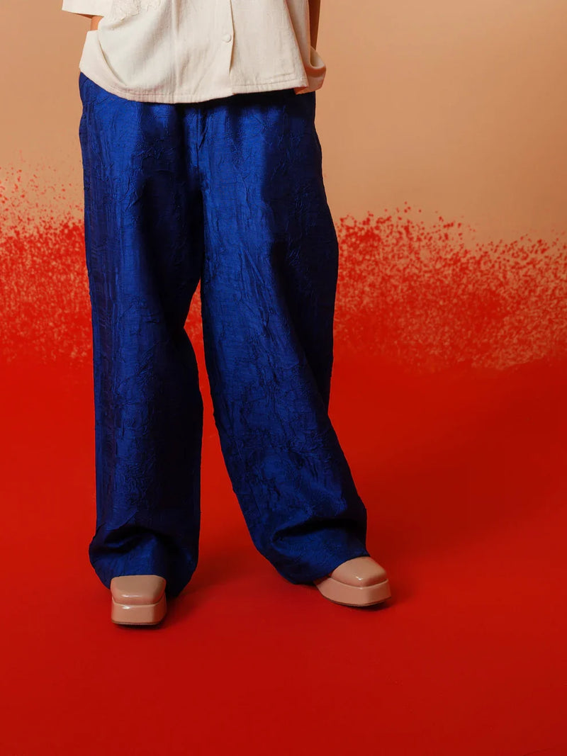 Petal Pants-Electric Blue mysore silk pants/trousers by Stoique in electric blue for women Worldwide