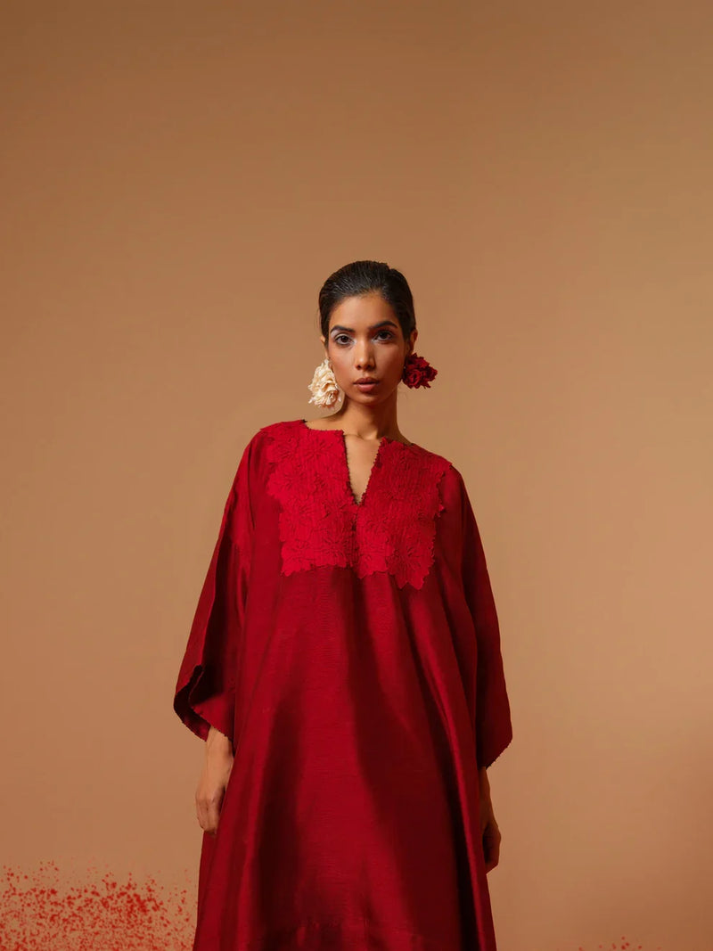 Beam Tunic-Red mysore silk kaftans and tunics by Stoique in red for women Worldwide