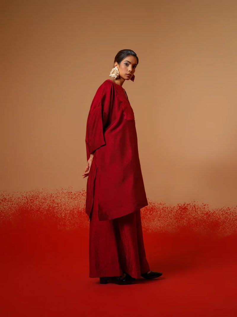 Beam Tunic-Red mysore silk kaftans and tunics by Stoique in red for women Worldwide