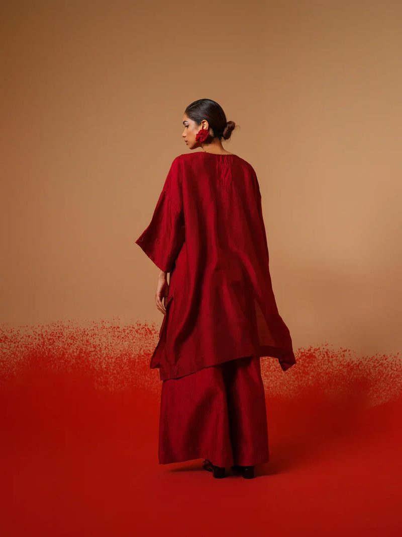 Beam Tunic-Red mysore silk kaftans and tunics by Stoique in red for women Worldwide