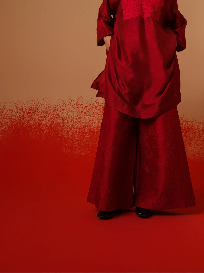 Beam Tunic-Red mysore silk kaftans and tunics by Stoique in red for women Worldwide