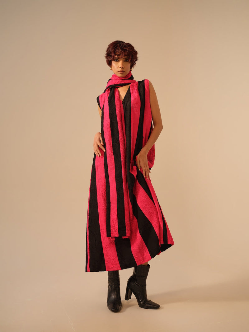 Twin Scarf-Pink + Black crushed silk scarf by Stoique in pink, black for women Worldwide