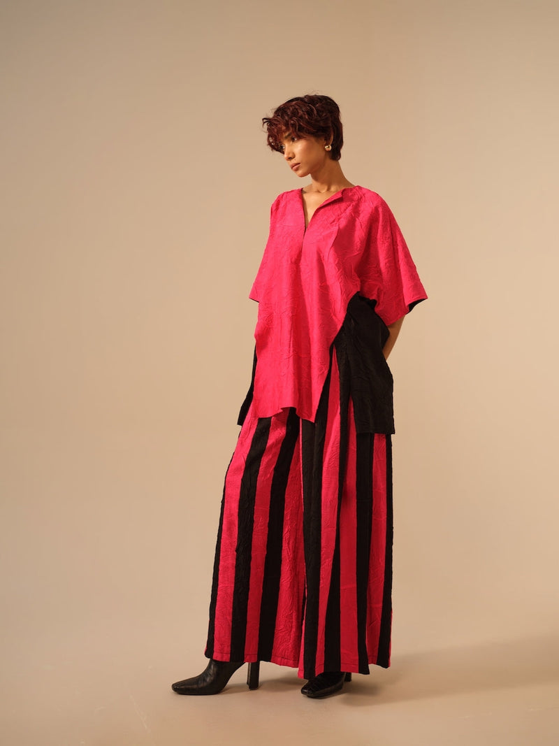 Earthy Top-Pink + Black crushed silk tops and shirts by Stoique in pink, black for women Worldwide