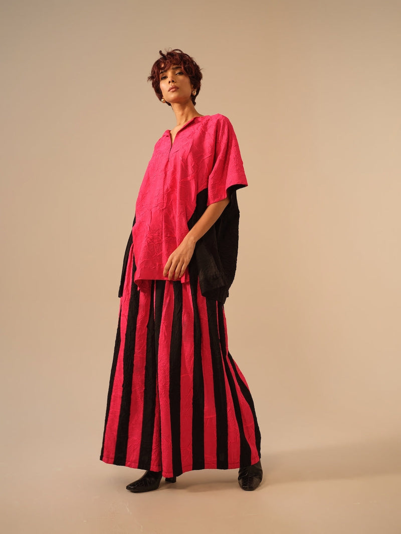 Twin Pants-Pink + Black crushed silk pants/trousers by Stoique in pink, black for women Worldwide