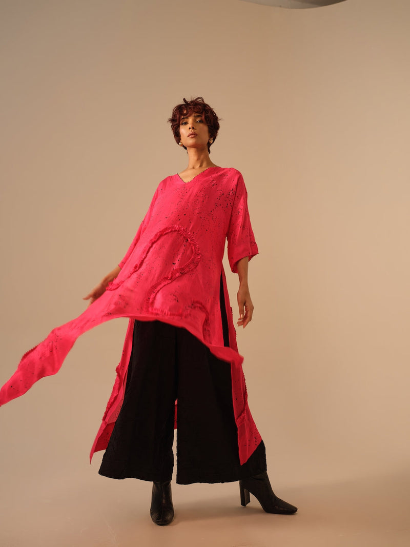 Flamingo SP Tunic-Pink + Black upada silk kaftans and tunics by Stoique in pink, black for women Worldwide