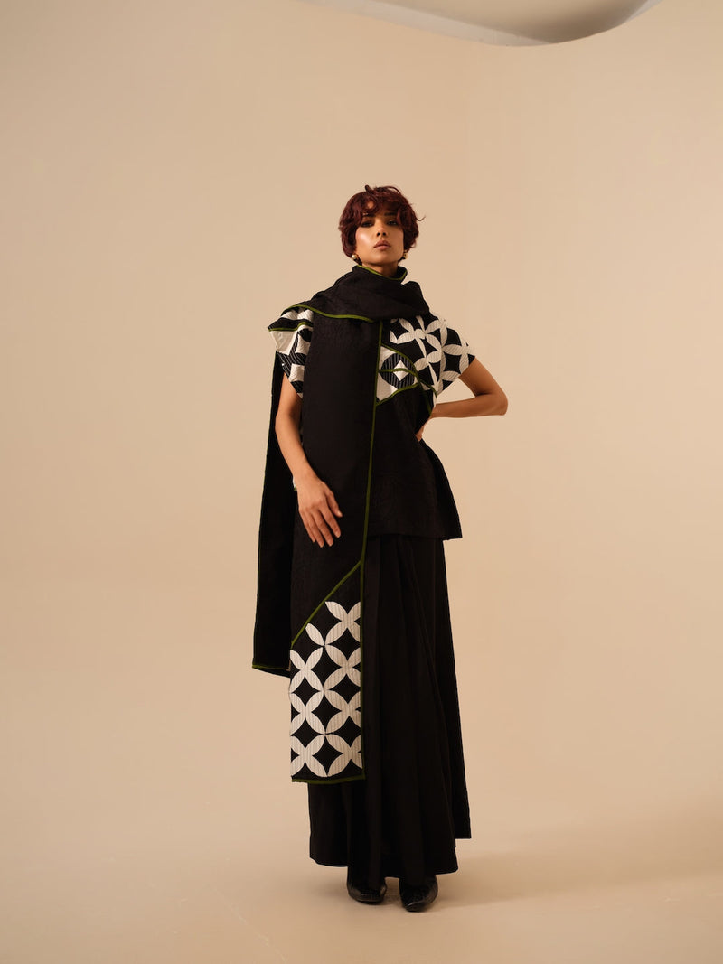 Mist Scarf-Black + Natural + Jade crushed silk scarf by Stoique in black for women Worldwide