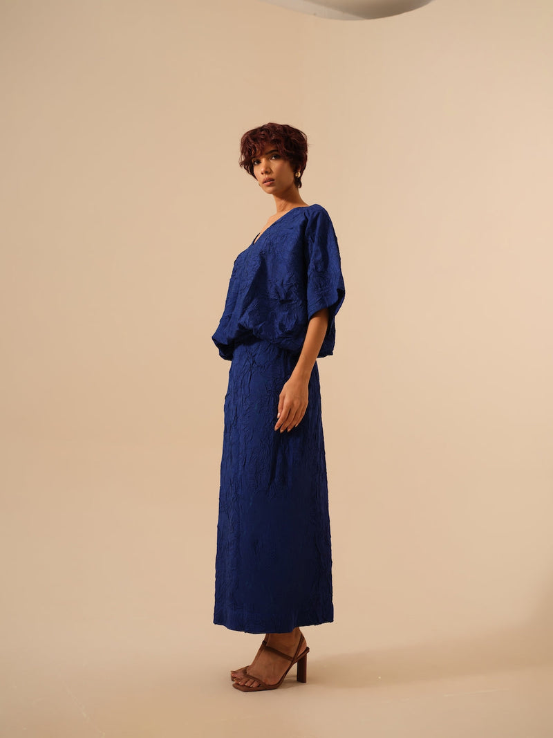 Unfold Dress-Electric Blue crushed silk dresses by Stoique in blue for women Worldwide