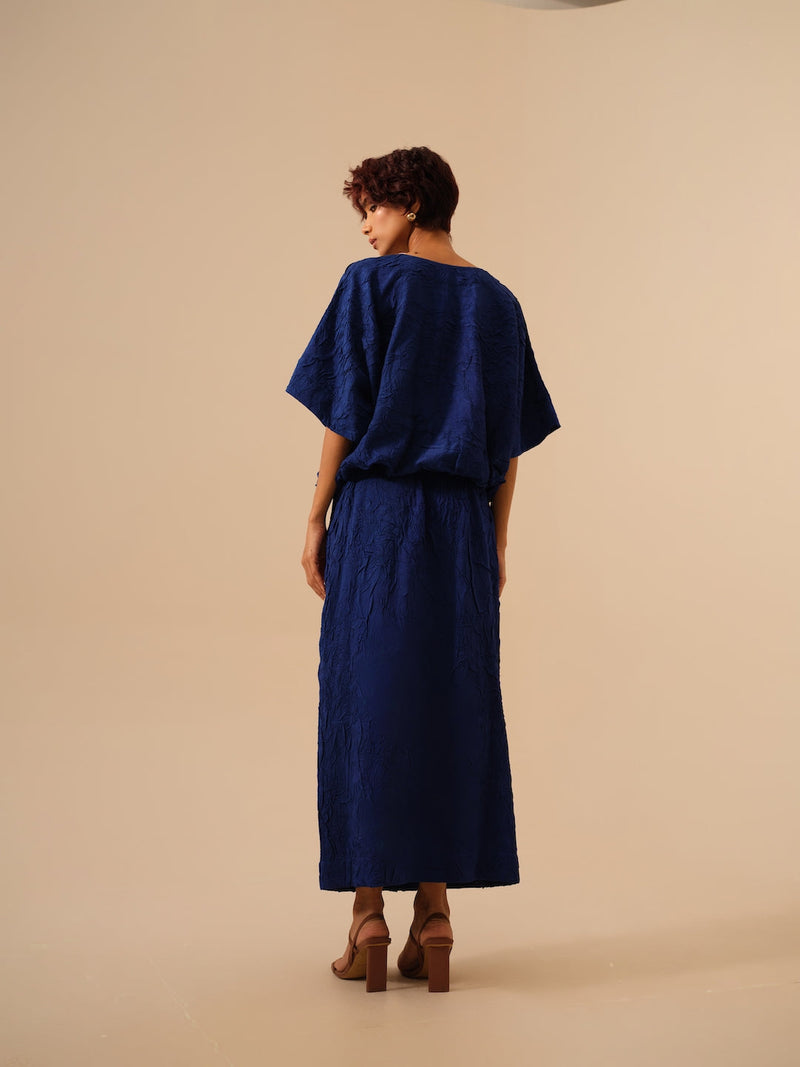 Unfold Dress-Electric Blue crushed silk dresses by Stoique in blue for women Worldwide