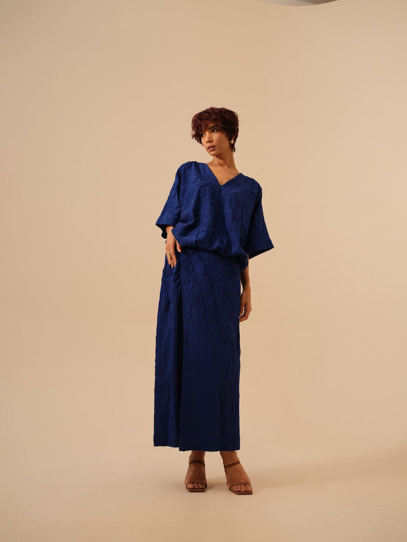 Unfold Dress-Electric Blue crushed silk dresses by Stoique in blue for women Worldwide