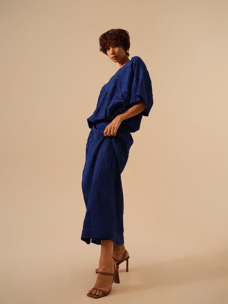 Unfold Dress-Electric Blue crushed silk dresses by Stoique in blue for women Worldwide