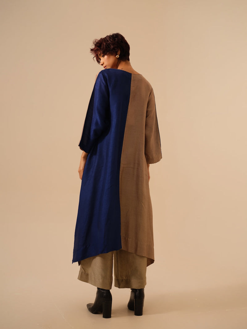 Onyx Tunic-Blue + Grey mysore silk kaftans and tunics by Stoique in blue for women Worldwide