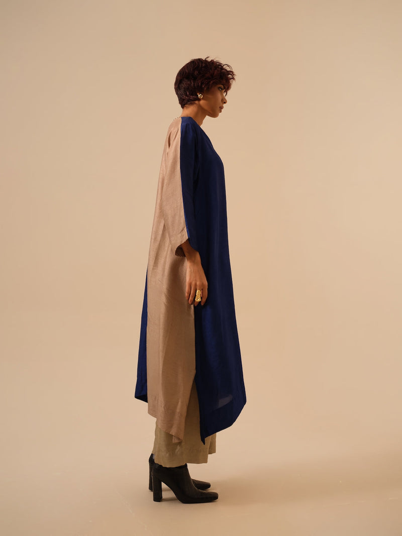 Onyx Tunic-Blue + Grey mysore silk kaftans and tunics by Stoique in blue for women Worldwide