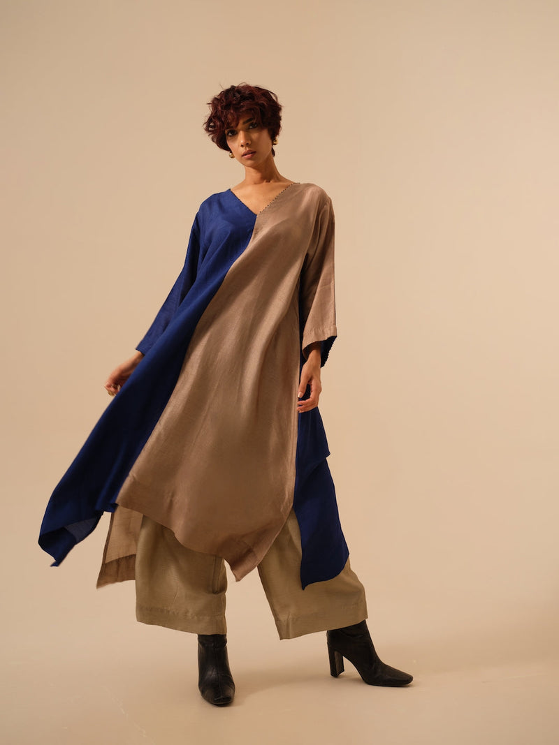 Onyx Tunic-Blue + Grey mysore silk kaftans and tunics by Stoique in blue for women Worldwide