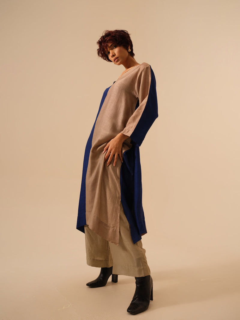 Onyx Tunic-Blue + Grey mysore silk kaftans and tunics by Stoique in blue for women Worldwide