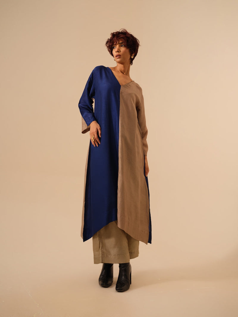 Onyx Tunic-Blue + Grey mysore silk kaftans and tunics by Stoique in blue for women Worldwide