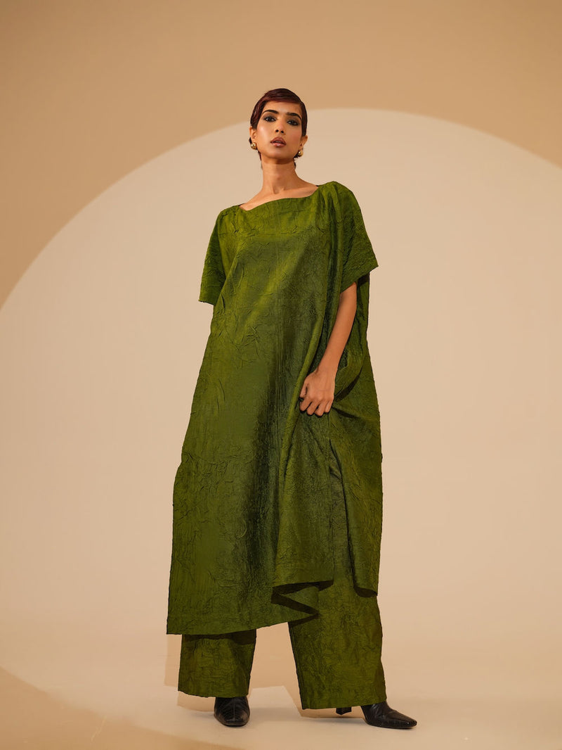 Root Pants-Jade Green crushed silk pant/trouser by Stoique in green for women Worldwide