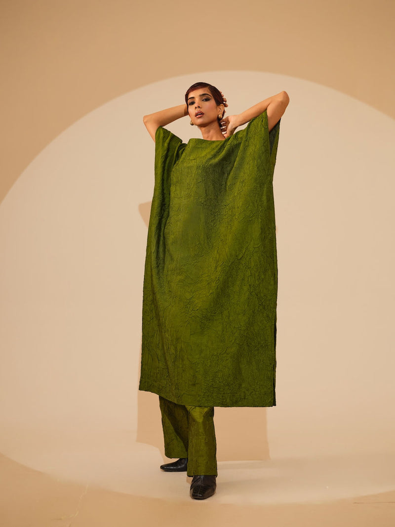 Root Pants-Jade Green crushed silk pant/trouser by Stoique in green for women Worldwide