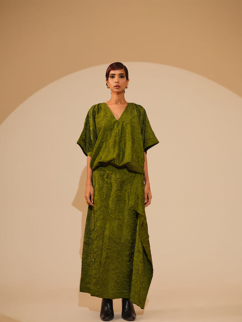 Unfold Dress-Jade Green crushed silk dress by Stoique in green for women Worldwide