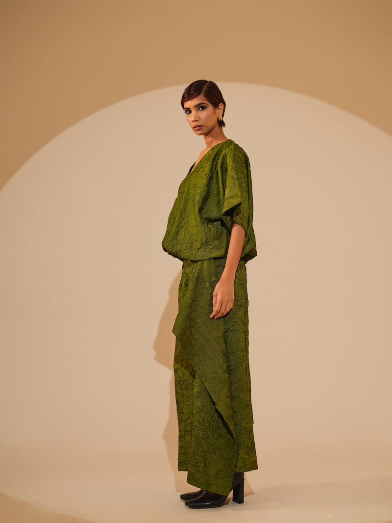 Unfold Dress-Jade Green crushed silk dress by Stoique in green for women Worldwide
