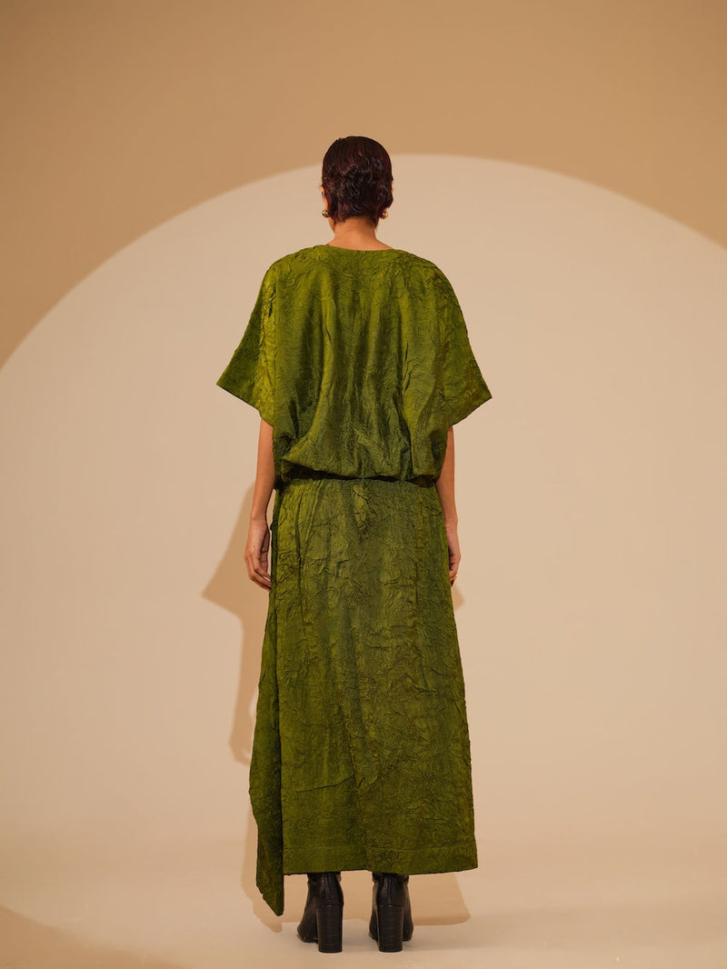 Unfold Dress-Jade Green crushed silk dress by Stoique in green for women Worldwide