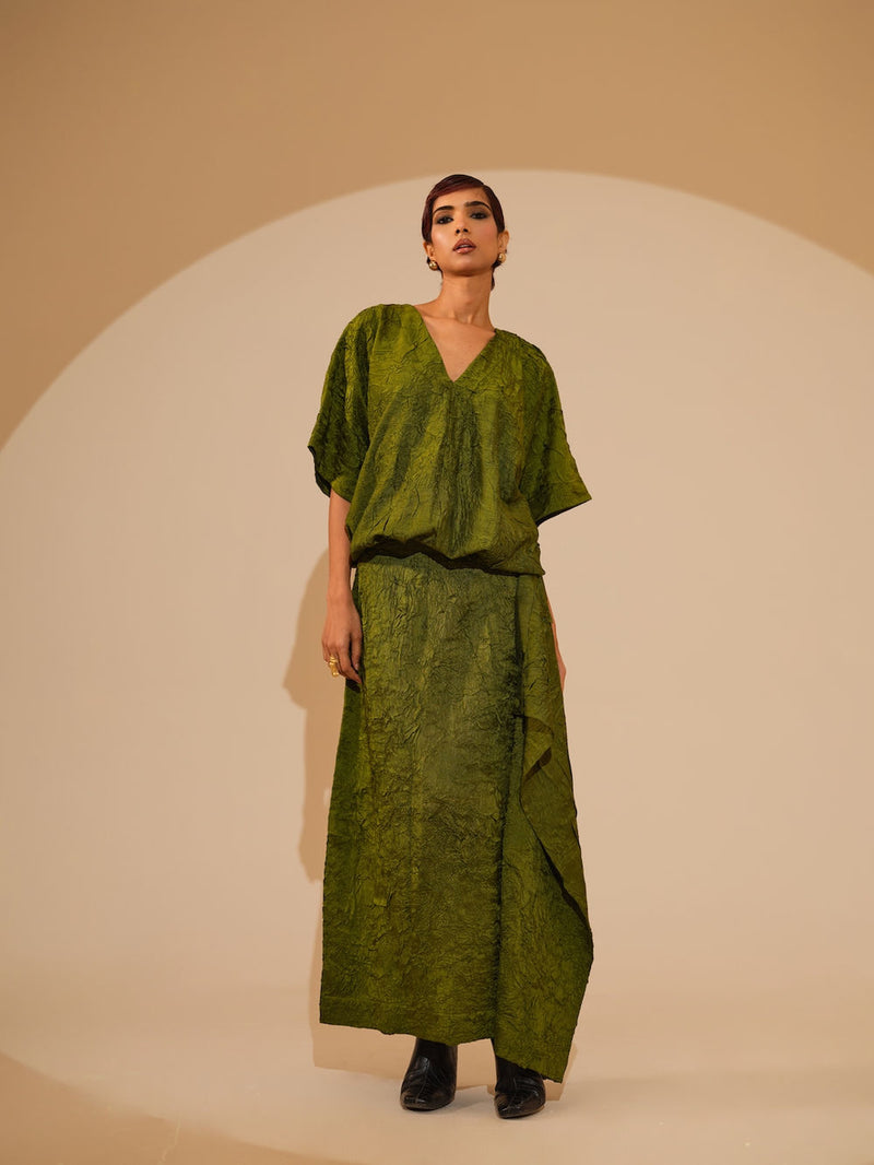 Unfold Dress-Jade Green crushed silk dress by Stoique in green for women Worldwide