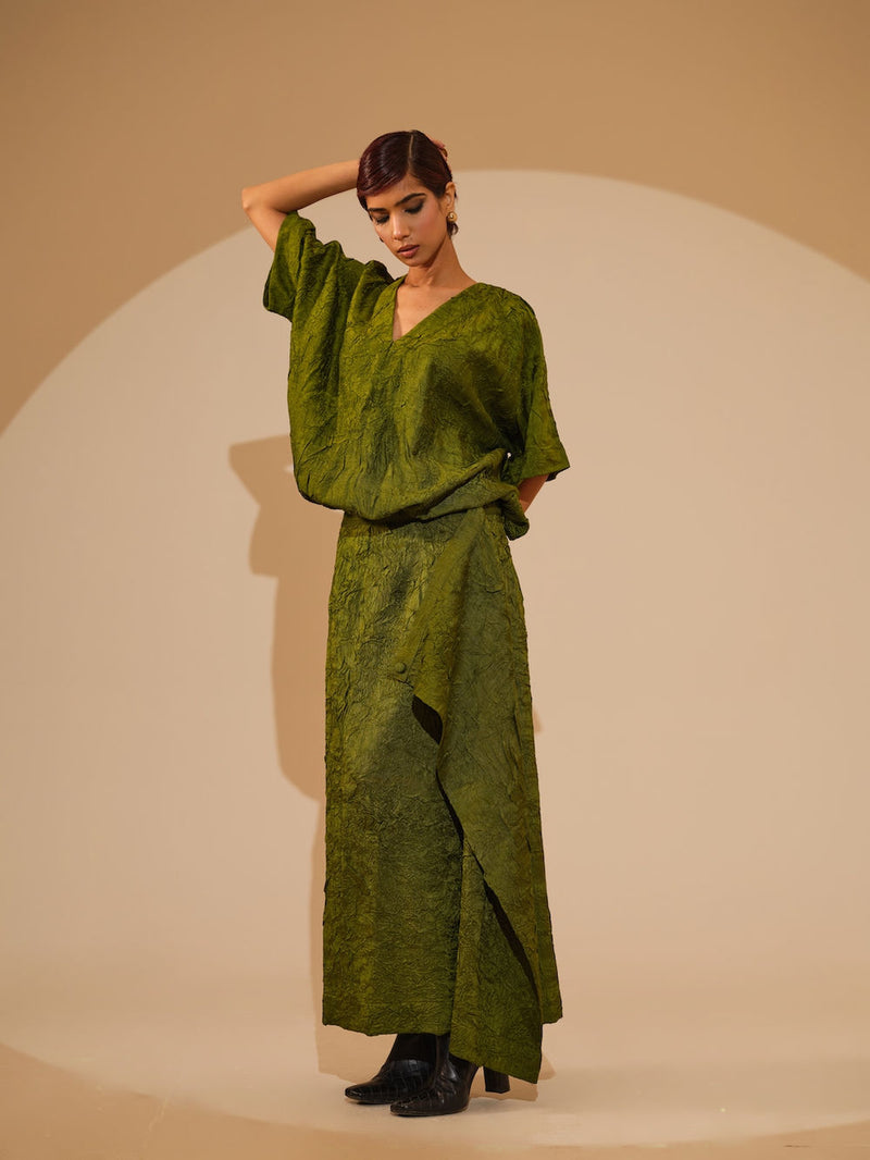 Unfold Dress-Jade Green crushed silk dress by Stoique in green for women Worldwide
