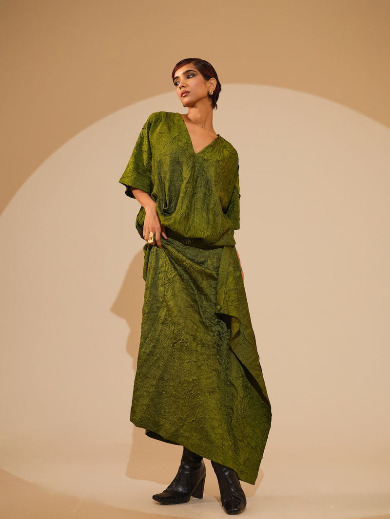 Unfold Dress-Jade Green crushed silk dress by Stoique in green for women Worldwide