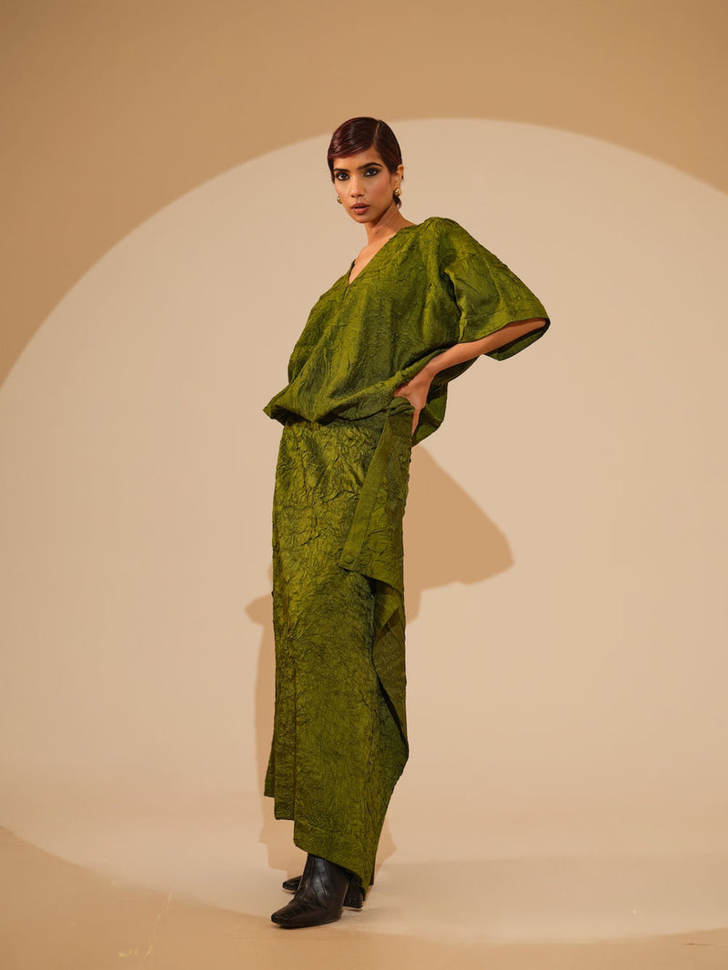 Unfold Dress-Jade Green crushed silk dress by Stoique in green for women Worldwide