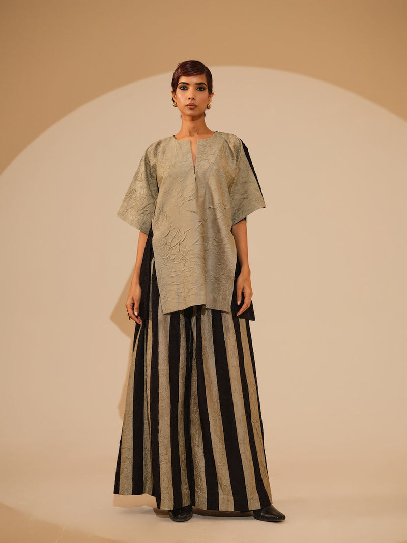 Twin Pants-Taupe + Black crushed silk pant/trouser by Stoique in taupe, black for women Worldwide