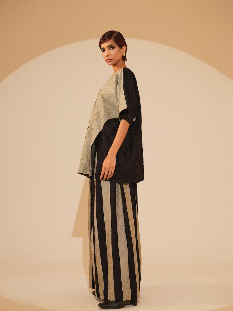 Earthy Top-Taupe + Black crushed silk top/shirt by Stoique in taupe, black for women Worldwide