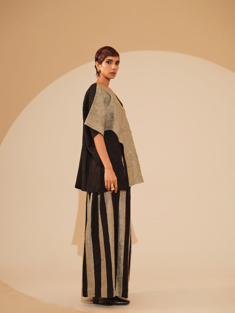 Twin Pants-Taupe + Black crushed silk pant/trouser by Stoique in taupe, black for women Worldwide