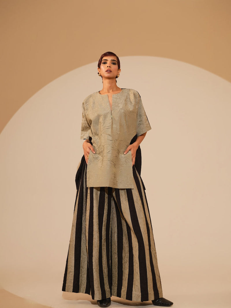 Earthy Top-Taupe + Black crushed silk top/shirt by Stoique in taupe, black for women Worldwide