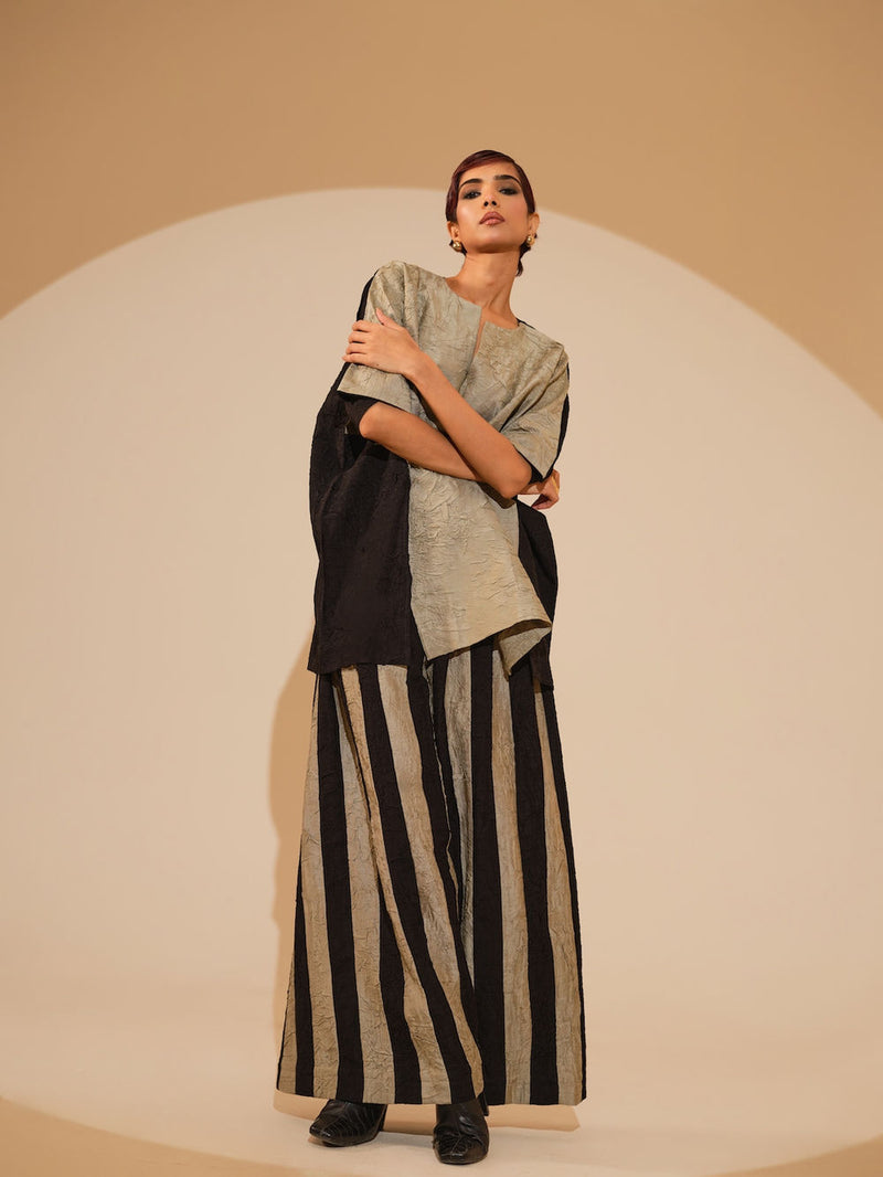 Earthy Top-Taupe + Black crushed silk top/shirt by Stoique in taupe, black for women Worldwide