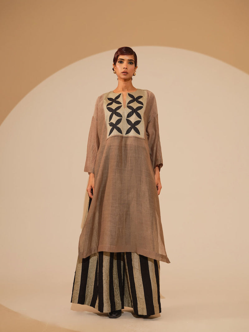 Pebble Tunic-Taupe + Black cotton chanderi tunics/kaftan by Stoique in taupe, black for women Worldwide