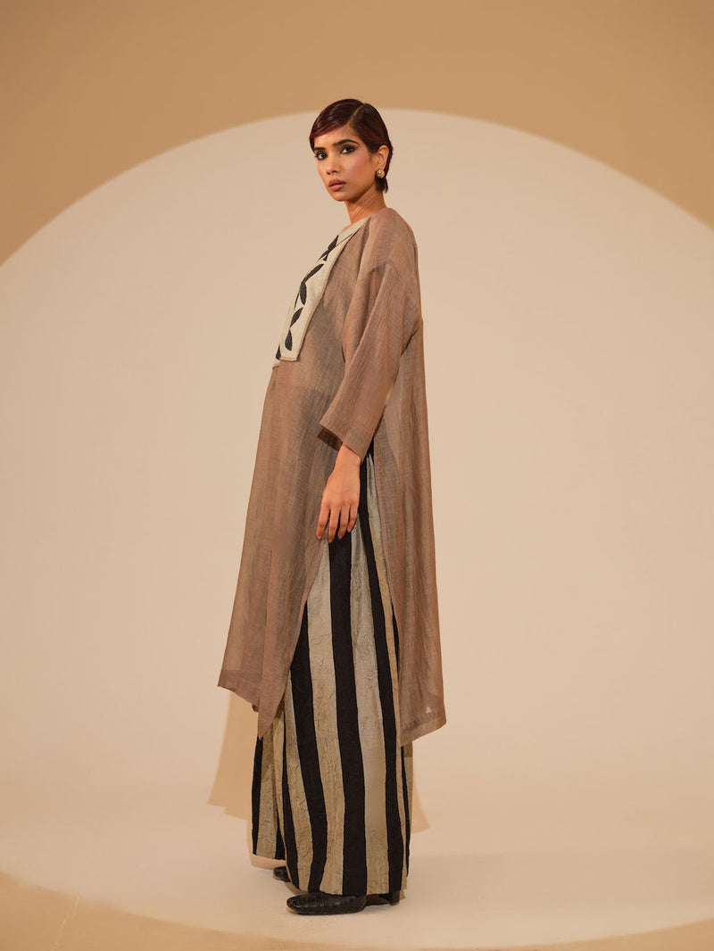 Pebble Tunic-Taupe + Black cotton chanderi tunics/kaftan by Stoique in taupe, black for women Worldwide