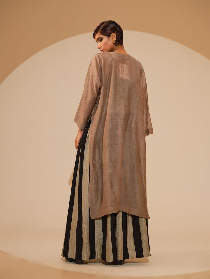 Pebble Tunic-Taupe + Black cotton chanderi tunics/kaftan by Stoique in taupe, black for women Worldwide