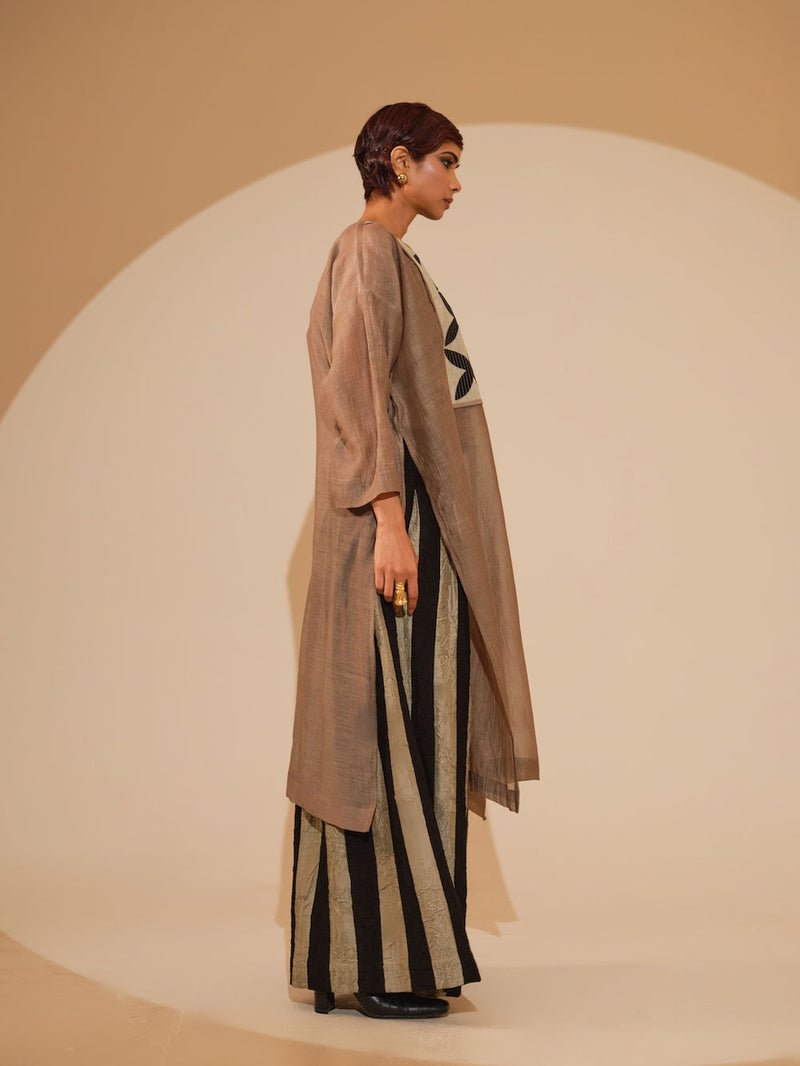 Pebble Tunic-Taupe + Black cotton chanderi tunics/kaftan by Stoique in taupe, black for women Worldwide