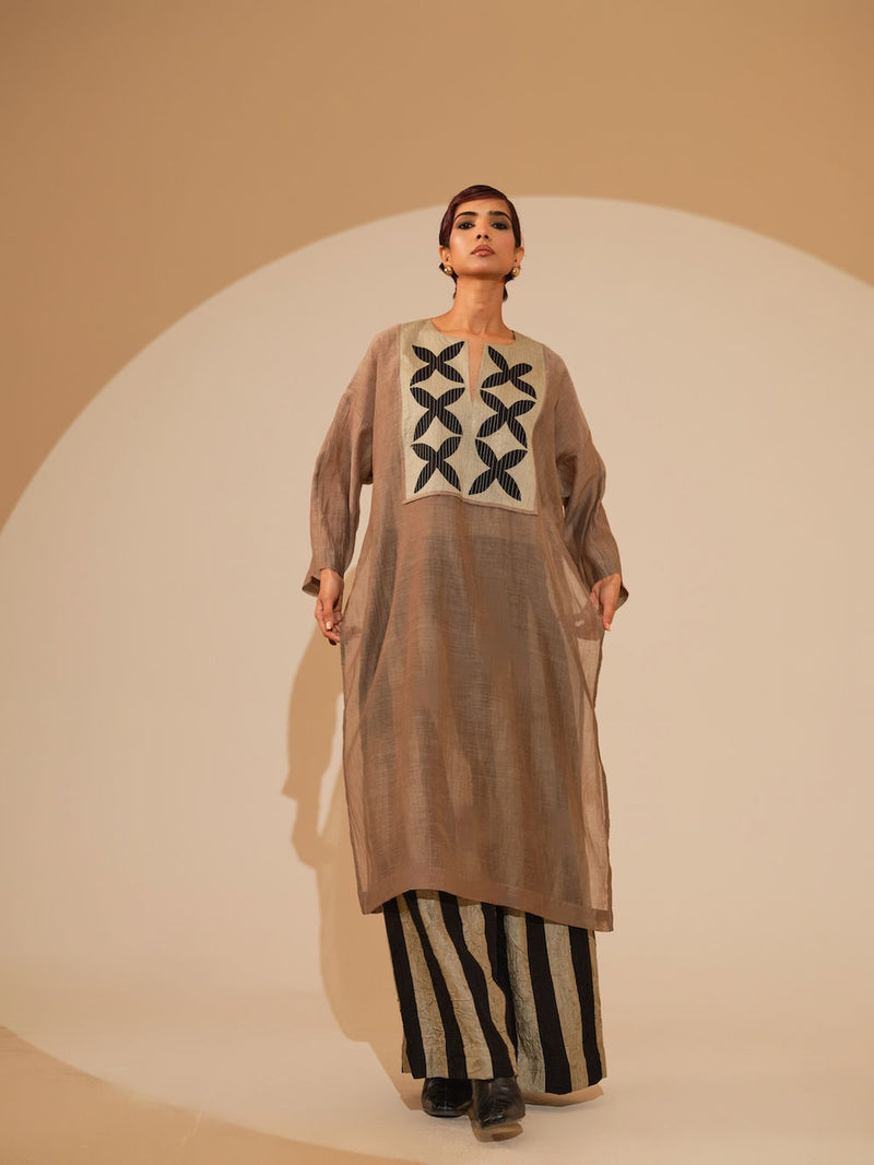 Pebble Tunic-Taupe + Black cotton chanderi tunics/kaftan by Stoique in taupe, black for women Worldwide