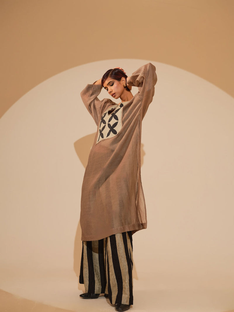 Pebble Tunic-Taupe + Black cotton chanderi tunics/kaftan by Stoique in taupe, black for women Worldwide