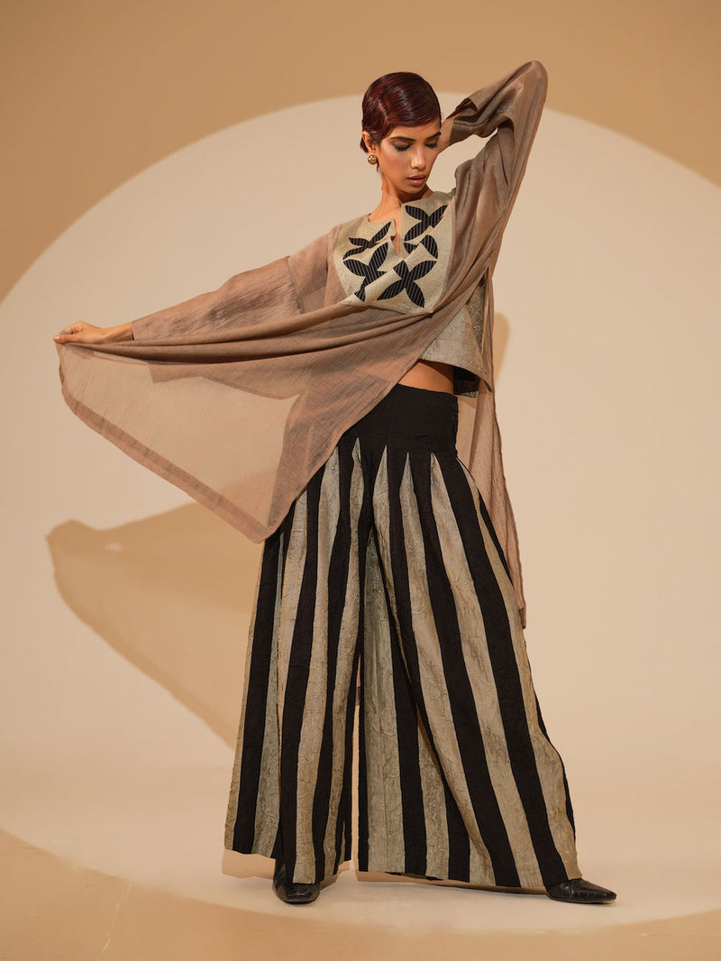 Pebble Tunic-Taupe + Black cotton chanderi tunics/kaftan by Stoique in taupe, black for women Worldwide