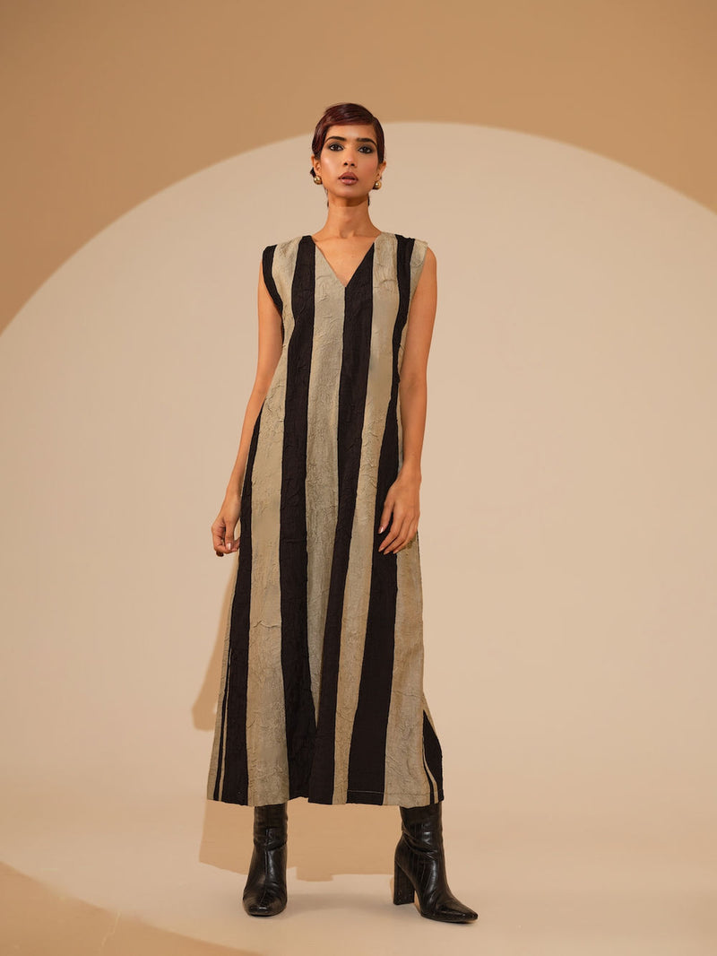 Twin Dress-Taupe + Black crushed silk dress by Stoique in taupe, black for women Worldwide