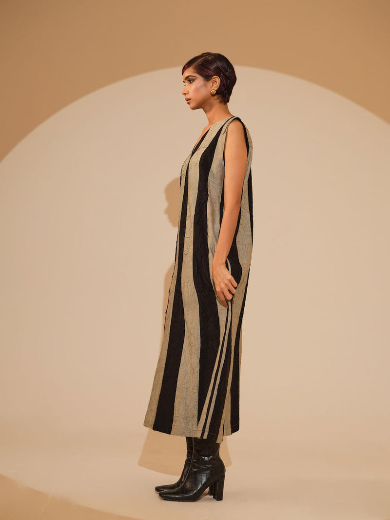 Twin Dress-Taupe + Black crushed silk dress by Stoique in taupe, black for women Worldwide