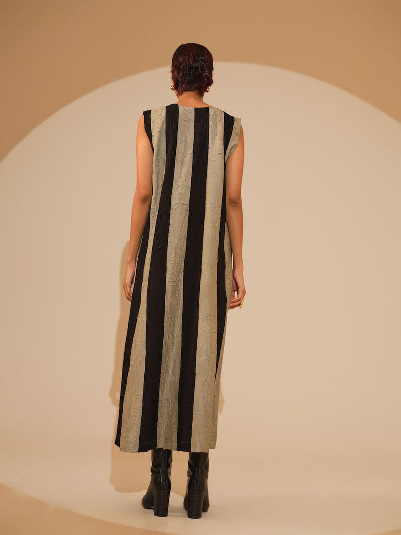 Twin Dress-Taupe + Black crushed silk dress by Stoique in taupe, black for women Worldwide